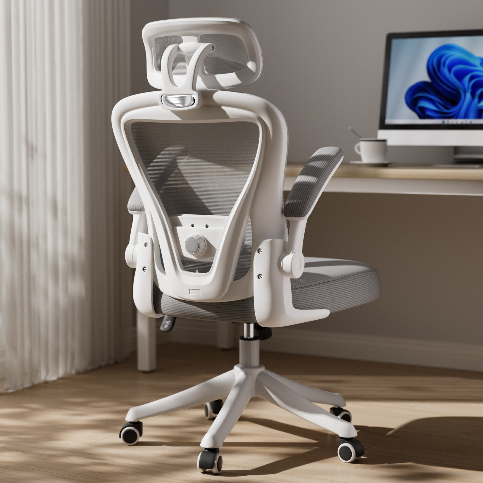 Computer Desk Chair Ergonomic Office Chair Wheels Flip-Up Armrests White Gray