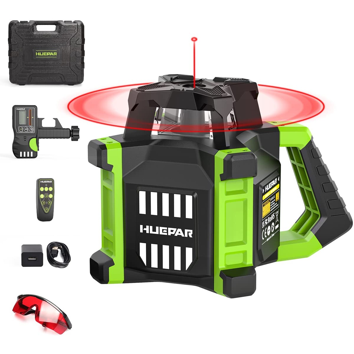 Huepar Electronic Self-Leveling Rotary Red Laser Level Kit - 360 Horizontal L...