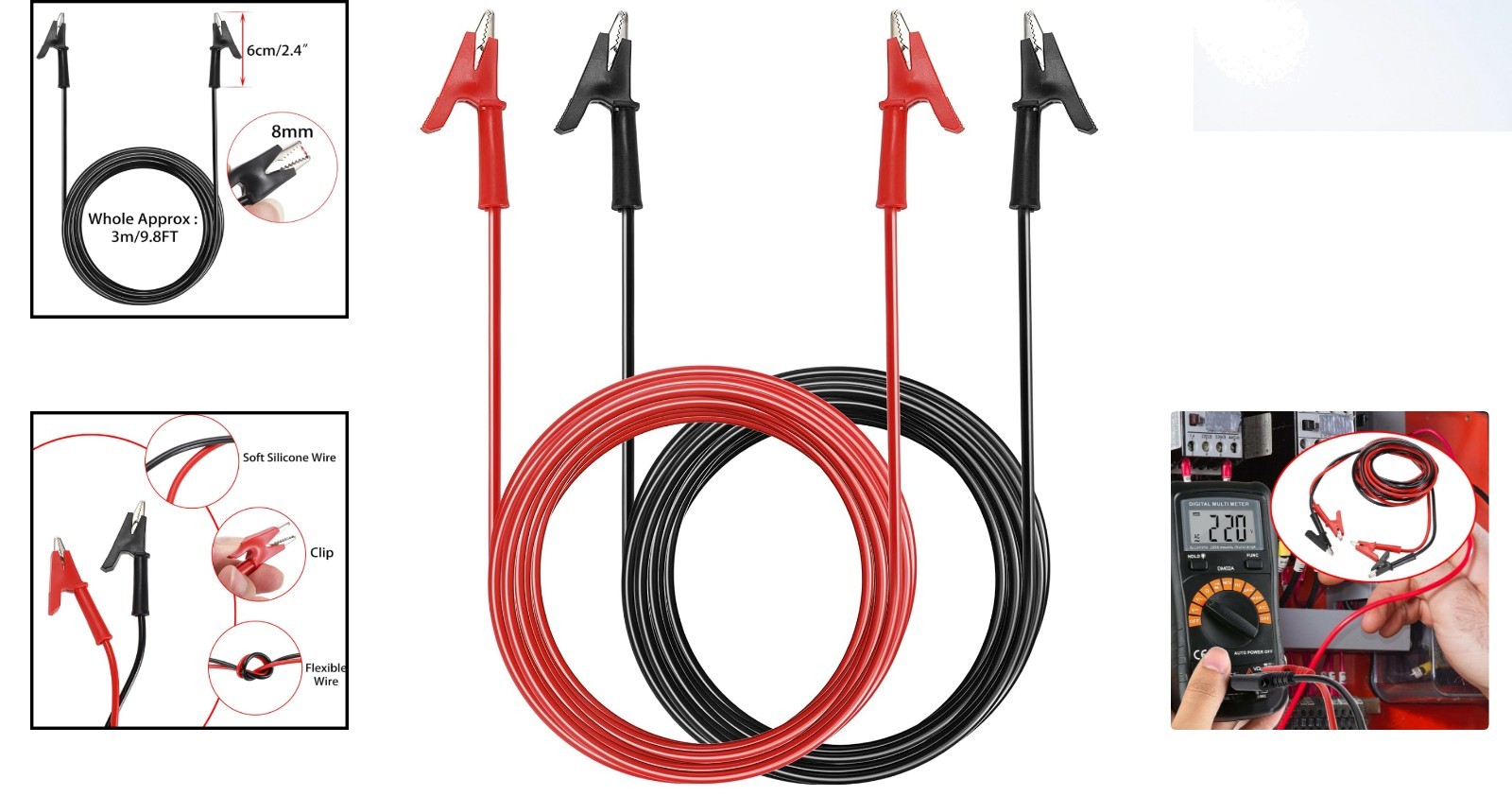 15A Insulated Electrical Lead Cables with Copper Alligator Clips (2-Pack)