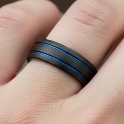 6mm Black Tungsten Wedding Band Dual Blue Groove Inlay Comfort Fit