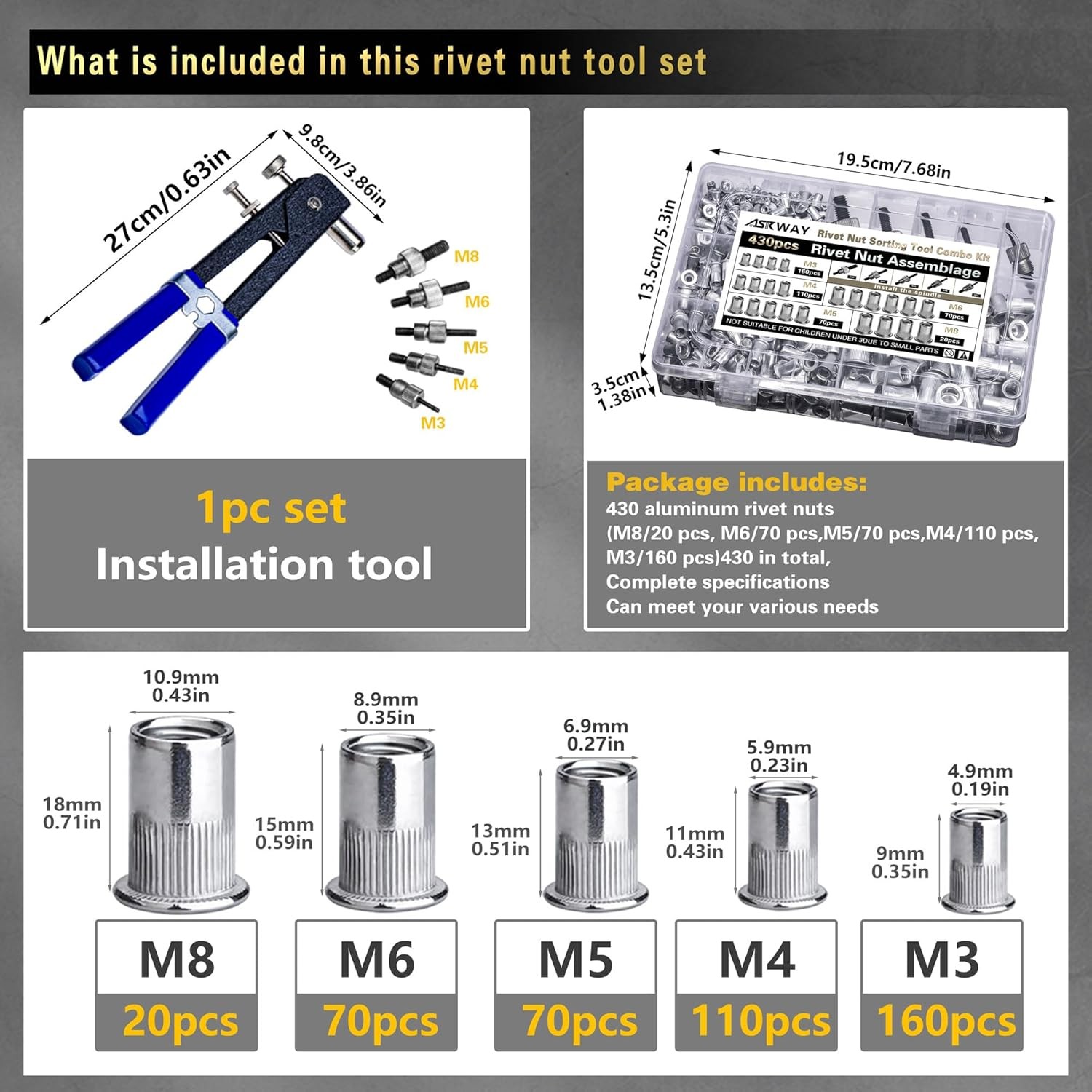 Pressure Rivet Nut Tool Kit, 430Pcs Metric Combination...