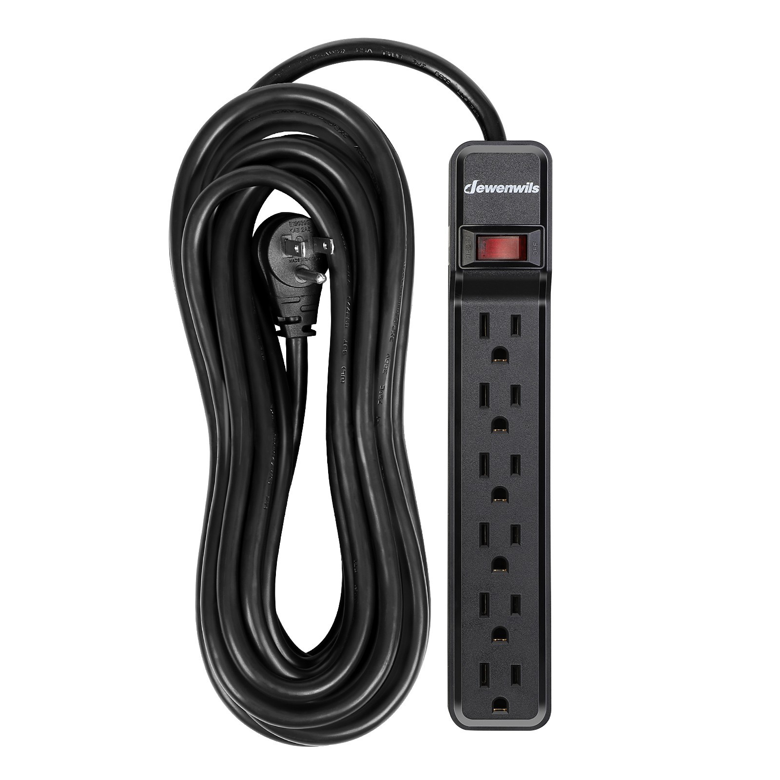 6 Outlet Surge Protector 25 Ft Long Extension Cord Low Profile Flat Plug
