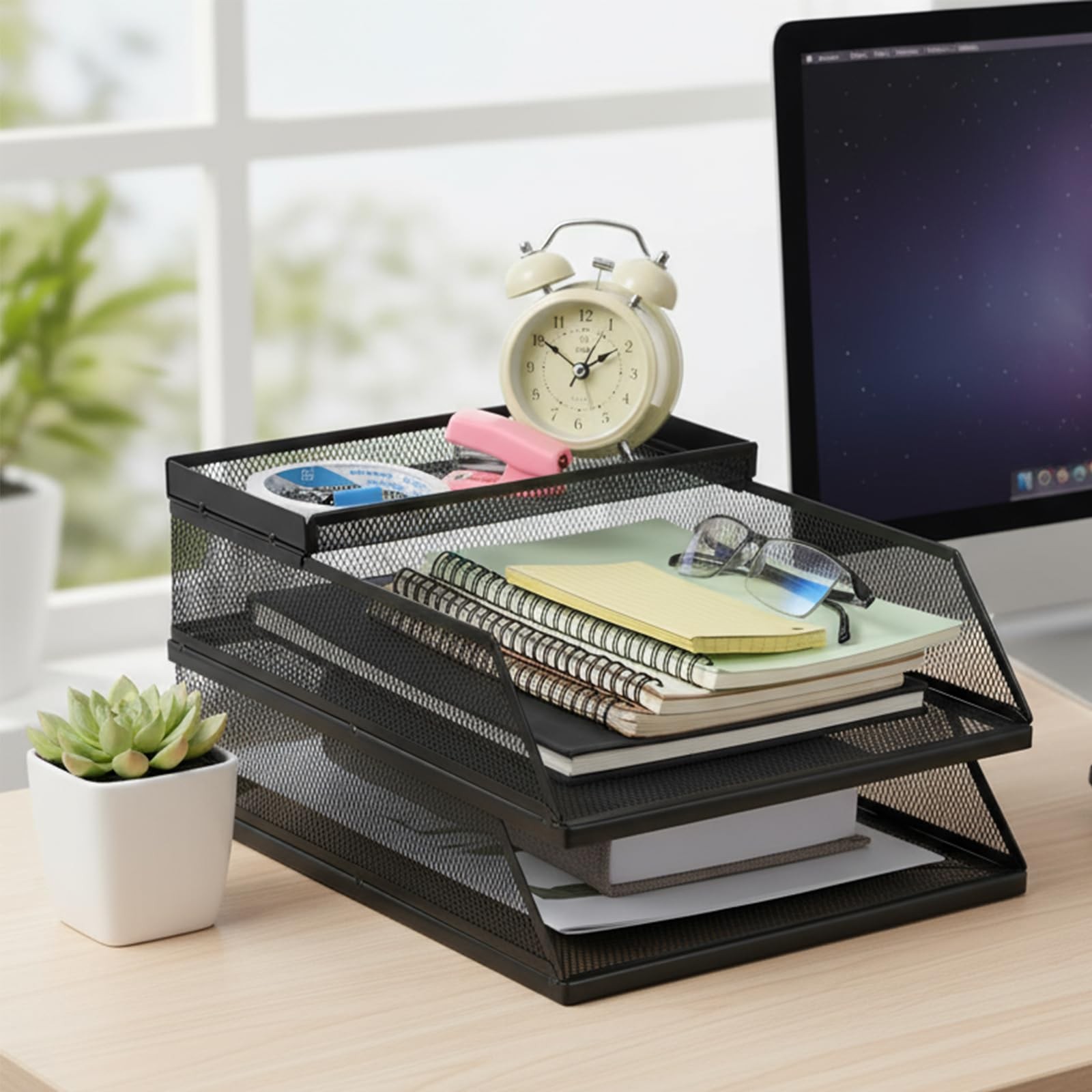 Black 2Tier Stackable Paper Tray Organizer Metal Mesh Desktop File Sorter