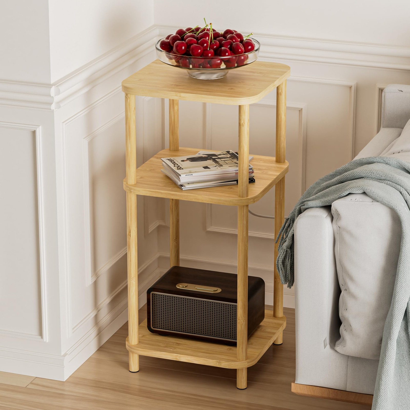 SANLUCE Bamboo End Table with Charging Station, Side Table for Small Space, S...