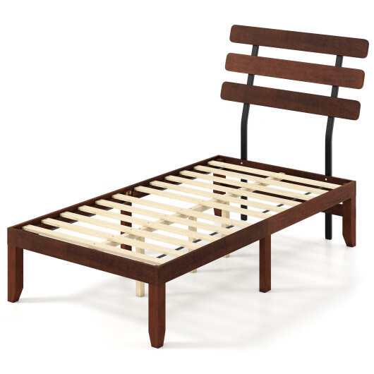 Twin Size Bed Frame 15.5 Inch Solid Wood Platform Bed with Retro Headboard - Col