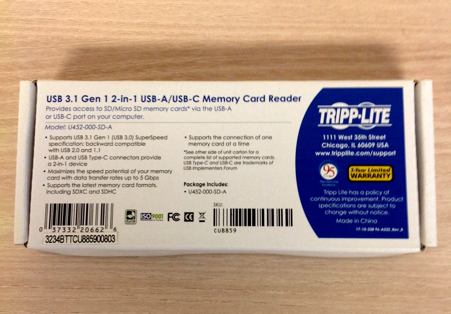 Tripp Lite 2 in 1 USB A to USB C Memory Card Reader U452-000-SD-A USB 3.1 Gen 1