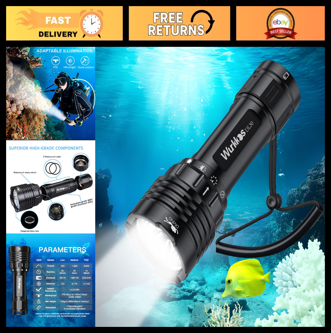 Super Bright 3600 Lumen Underwater Dive Light - IPX-8 Waterproof Flashlight, USB