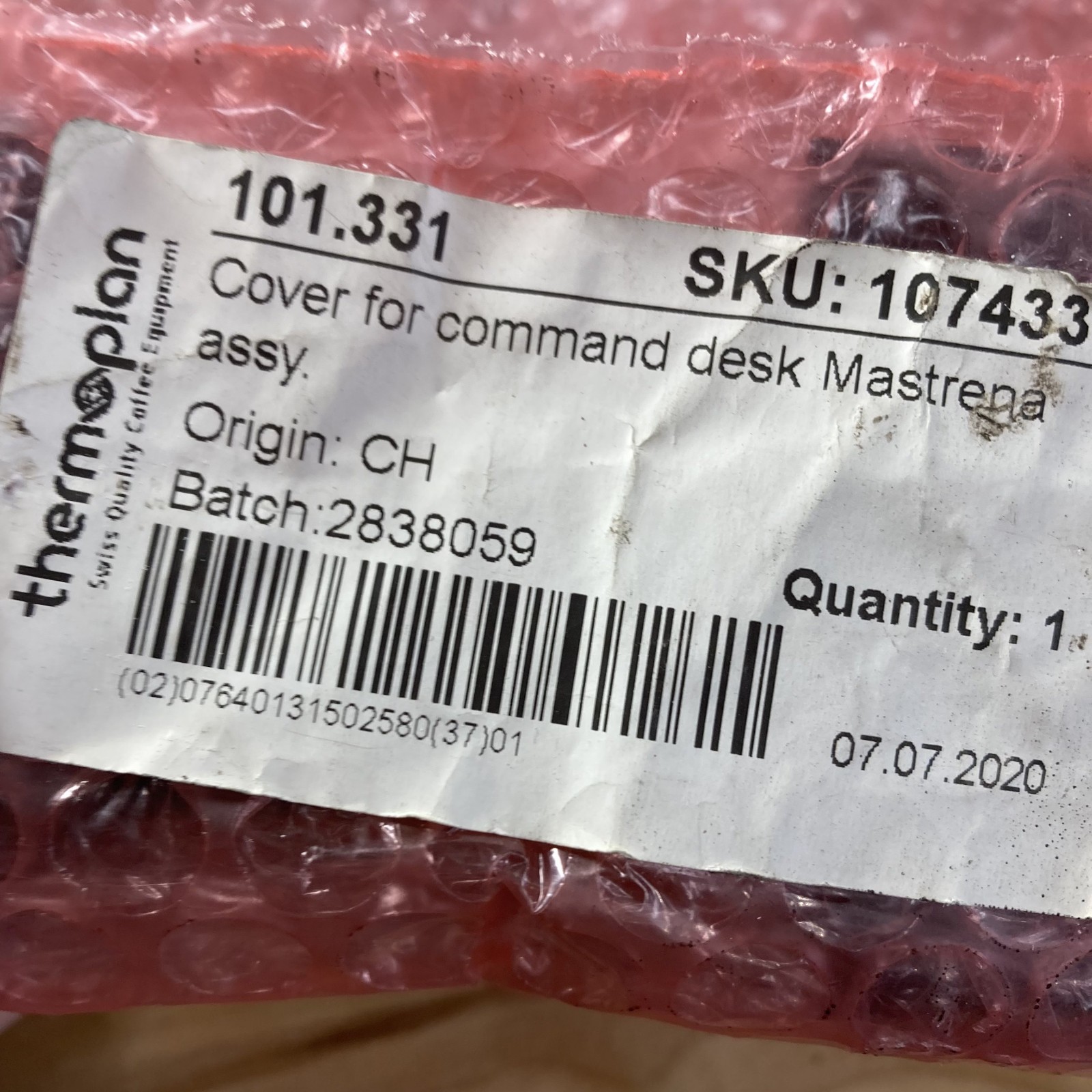 Thermoplan Mastrena Command deck cover, assy 101.331