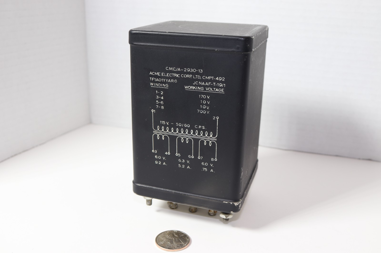 ACME ELECTRIC CMPT‑492 TRANSFORMER AF‑T‑19/1 MIL‑SPEC TRIPLE 6V + HV SEC –TESTED