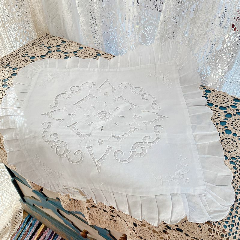 Elegant White Flower Embroidery Hand Hemstitch Wide Frill Cotton Cushion Cover