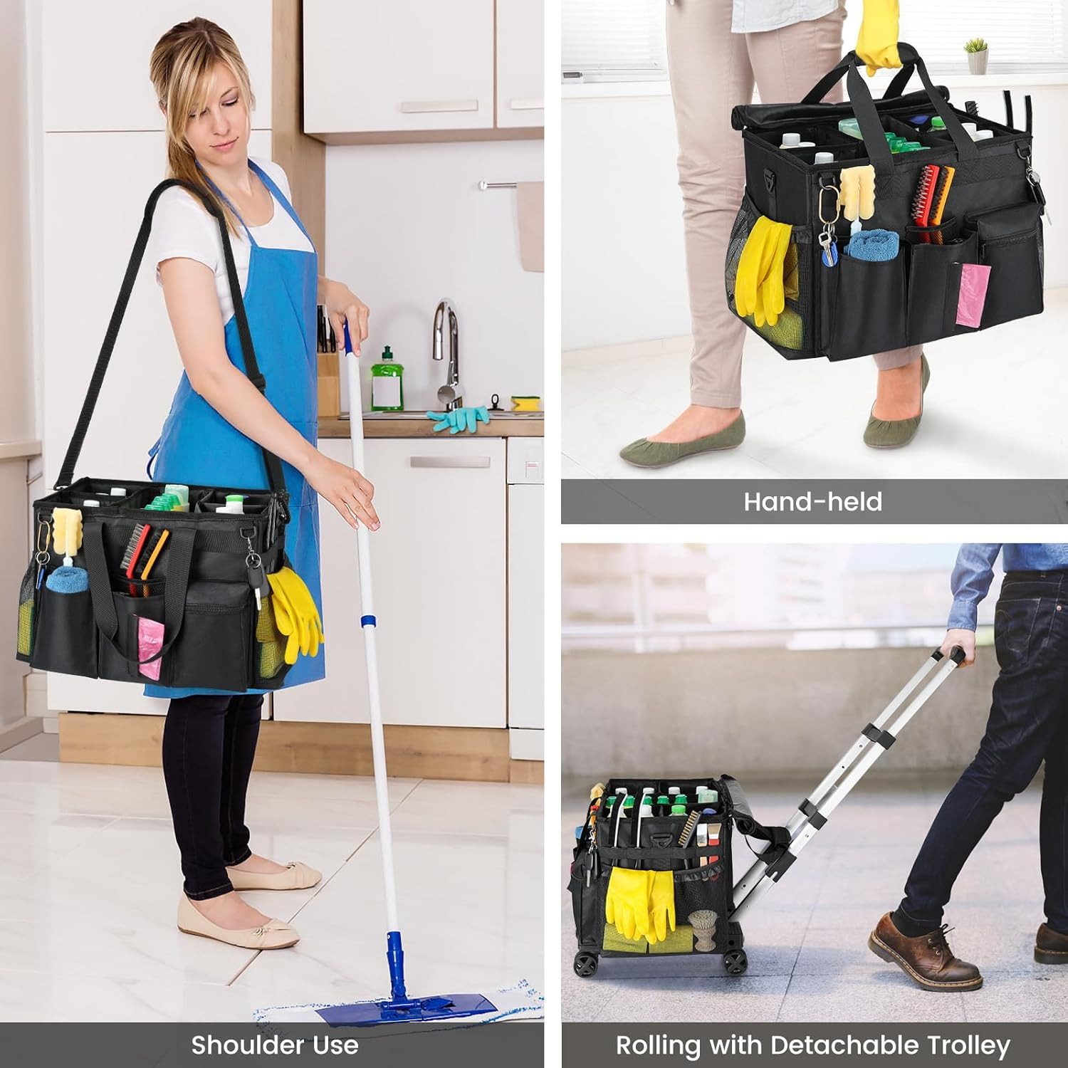 Extra Large Rolling Cleaning Caddy Bag with Trolley & 360° Wheels, Black