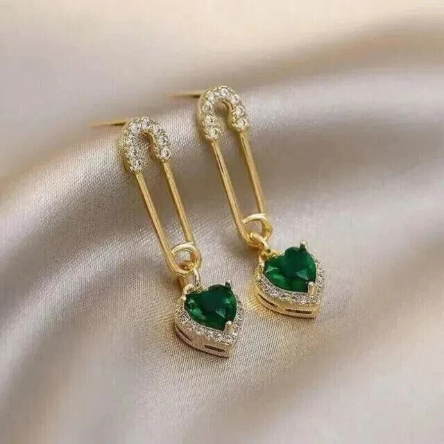 2.10Ct Heart Cut Lab Created Emerald Drop Dangle Earring 14k Yellow Gold Plated