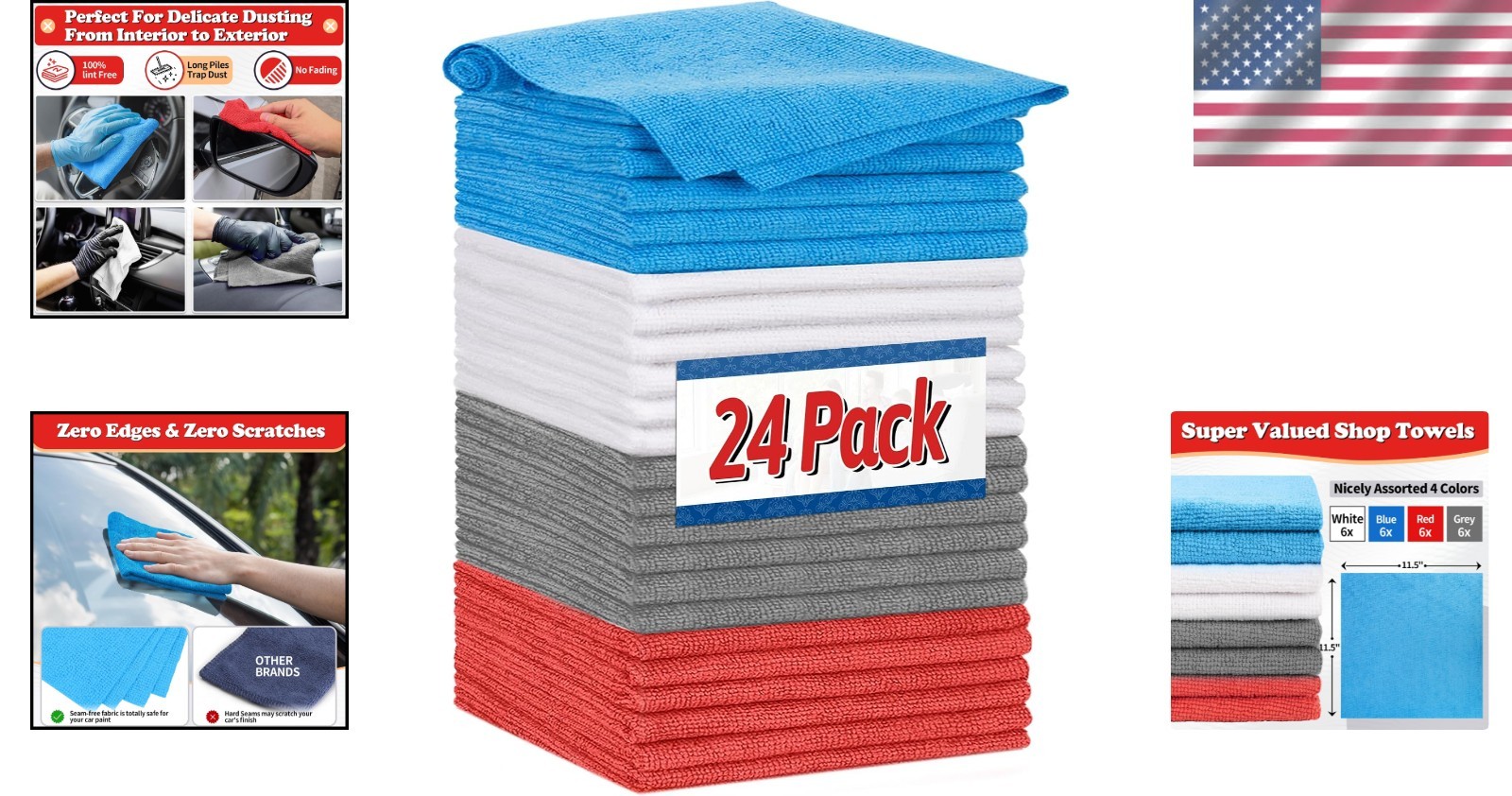 Microfiber Car Cleaning Rags, 24-Piece Set - Durable & Machine Washable