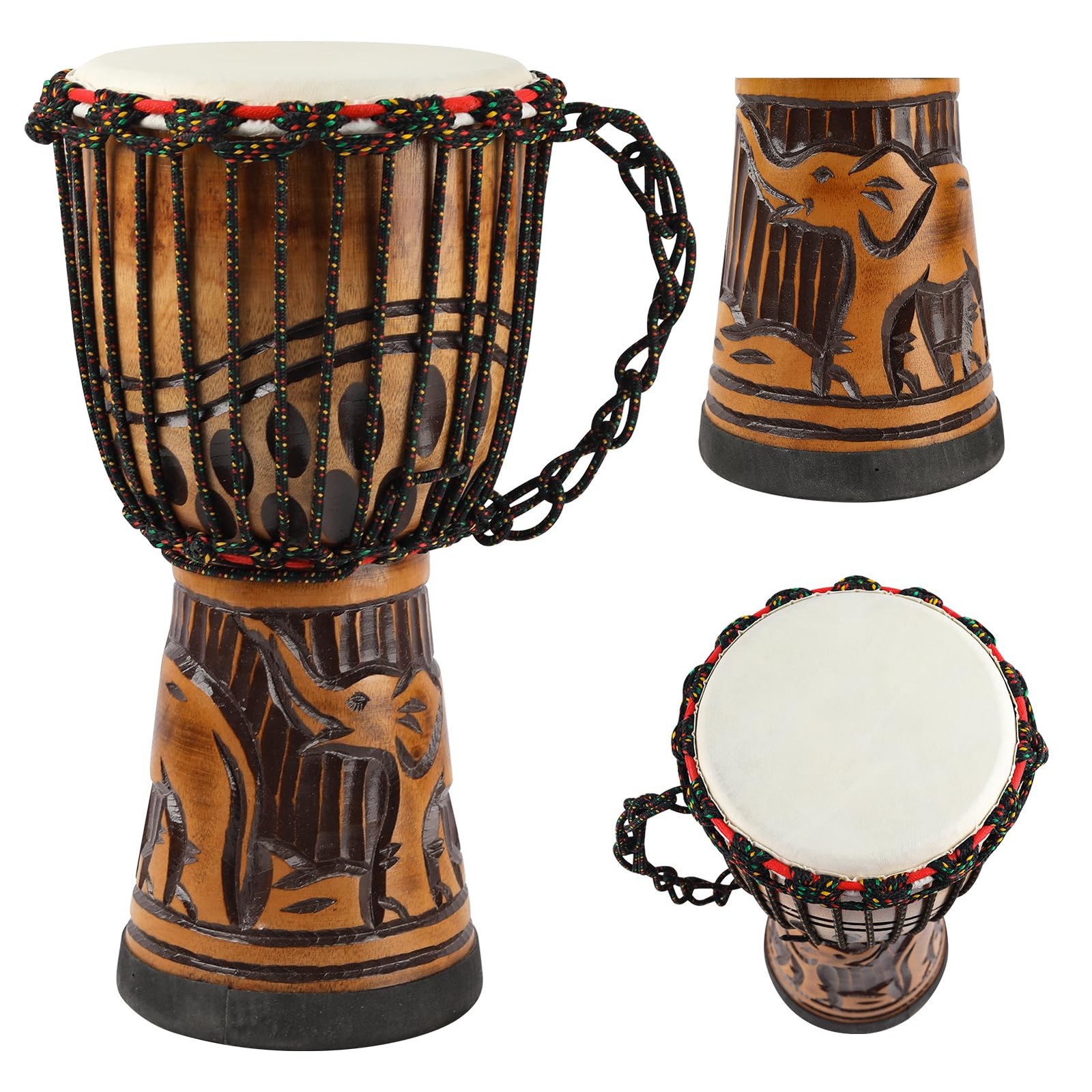 Deep Carved Wood Djembe Drum, 8.5" x 16" Solid Mahogany African Drums with Go...