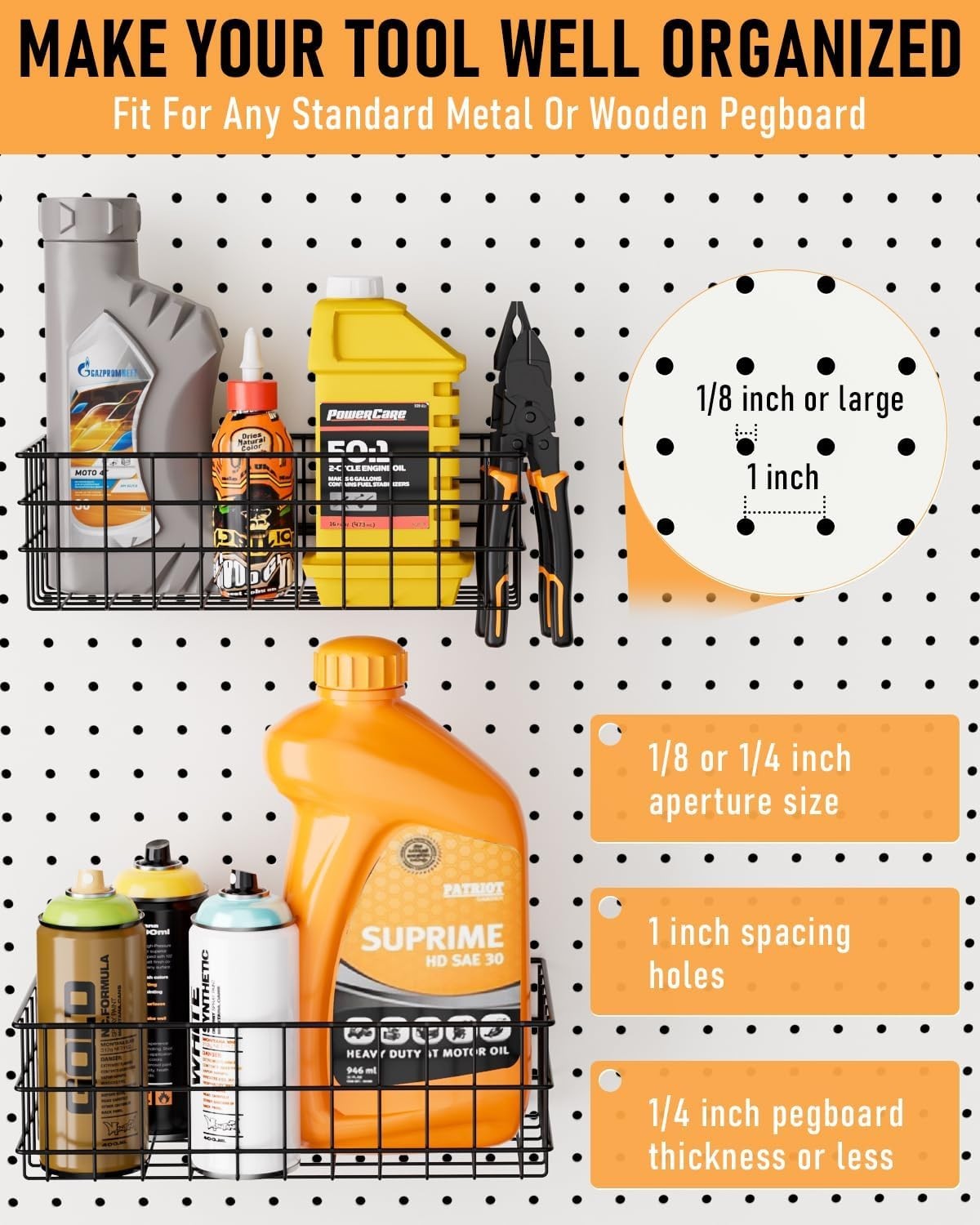 4 Pack Heavy Duty Metal Pegboard Baskets - Adjustable & Rust Resistant