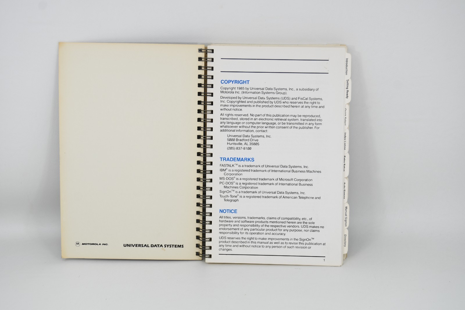 Vintage 1980s Universal Data Systems Motorola Fastalk SignOn Program Manual