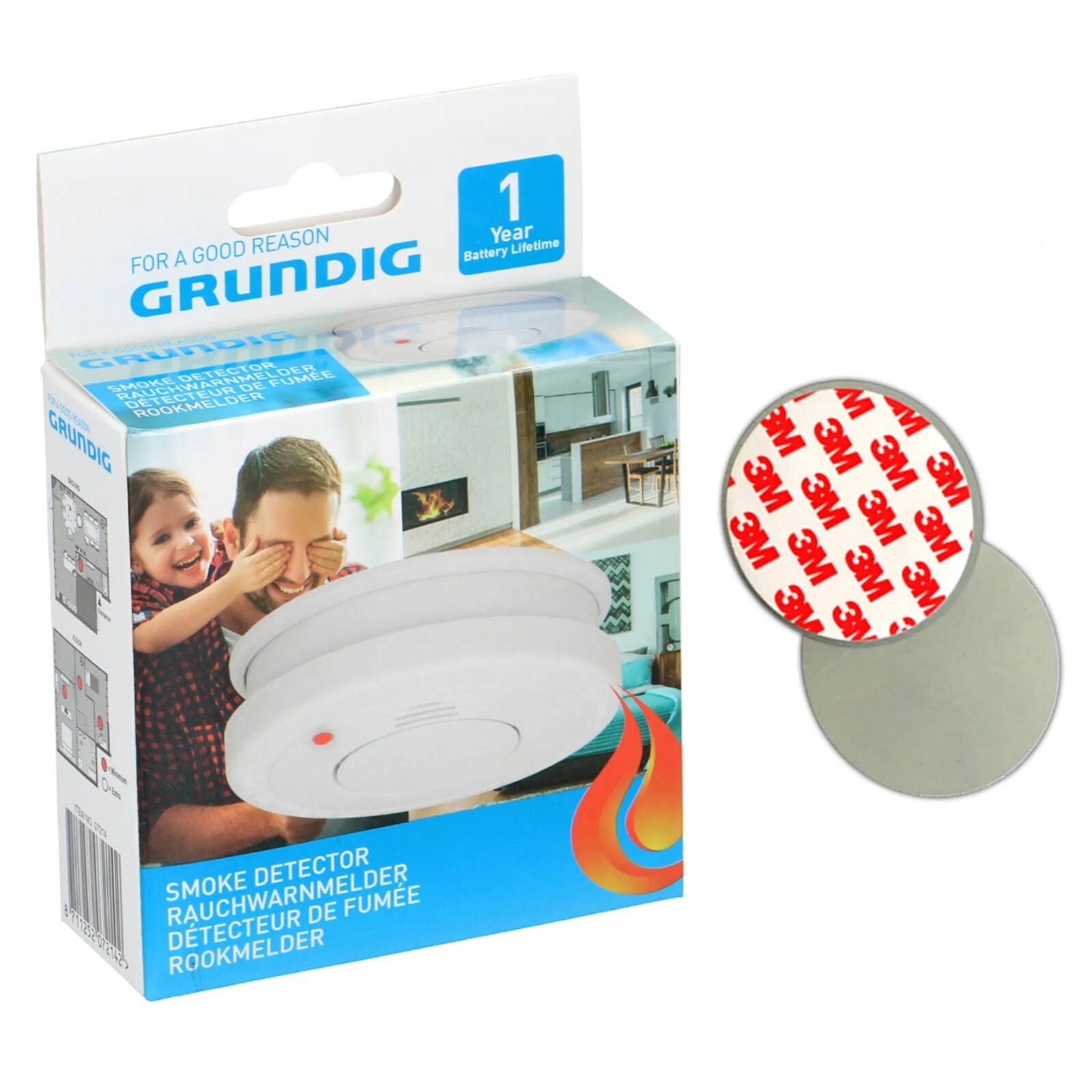 Grundig Smoke Alarm 85dB incl. 9V Battery + 3M Adhesive Pad Set Fire Alarm