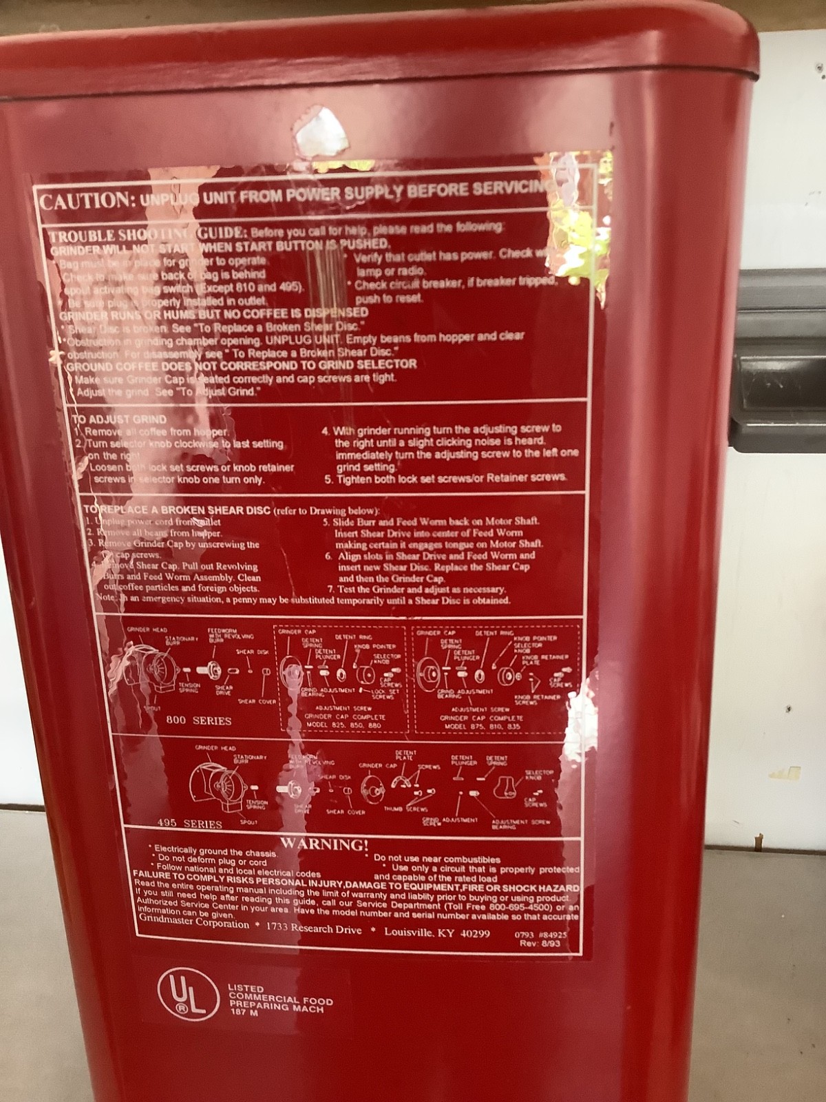 GrindMaster Model 495 Commercial Coffee Grinder. “Big Red”