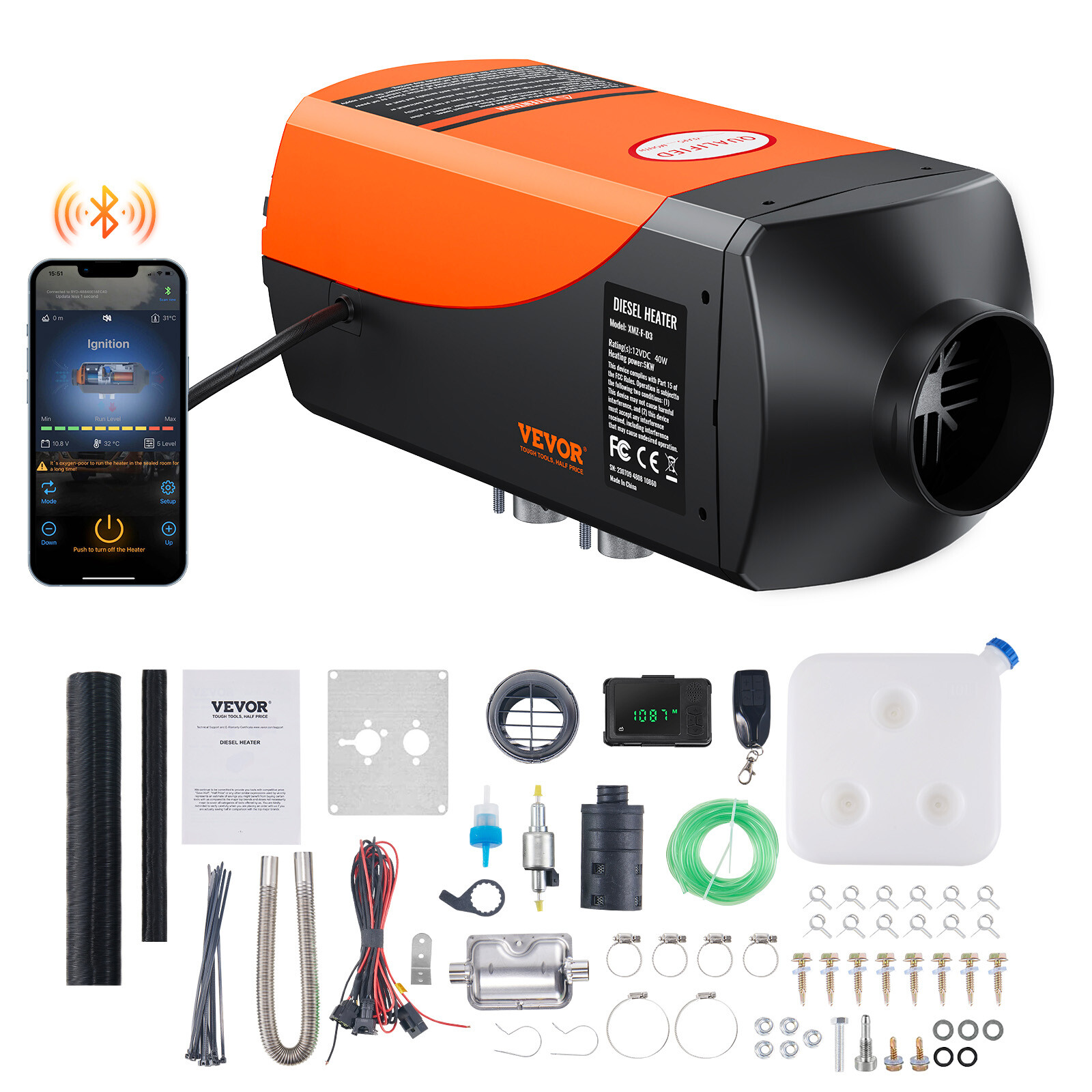 VEVOR Diesel Air Heater 12V 5KW Bluetooth App LCD Display for Car Bus RV Indoors