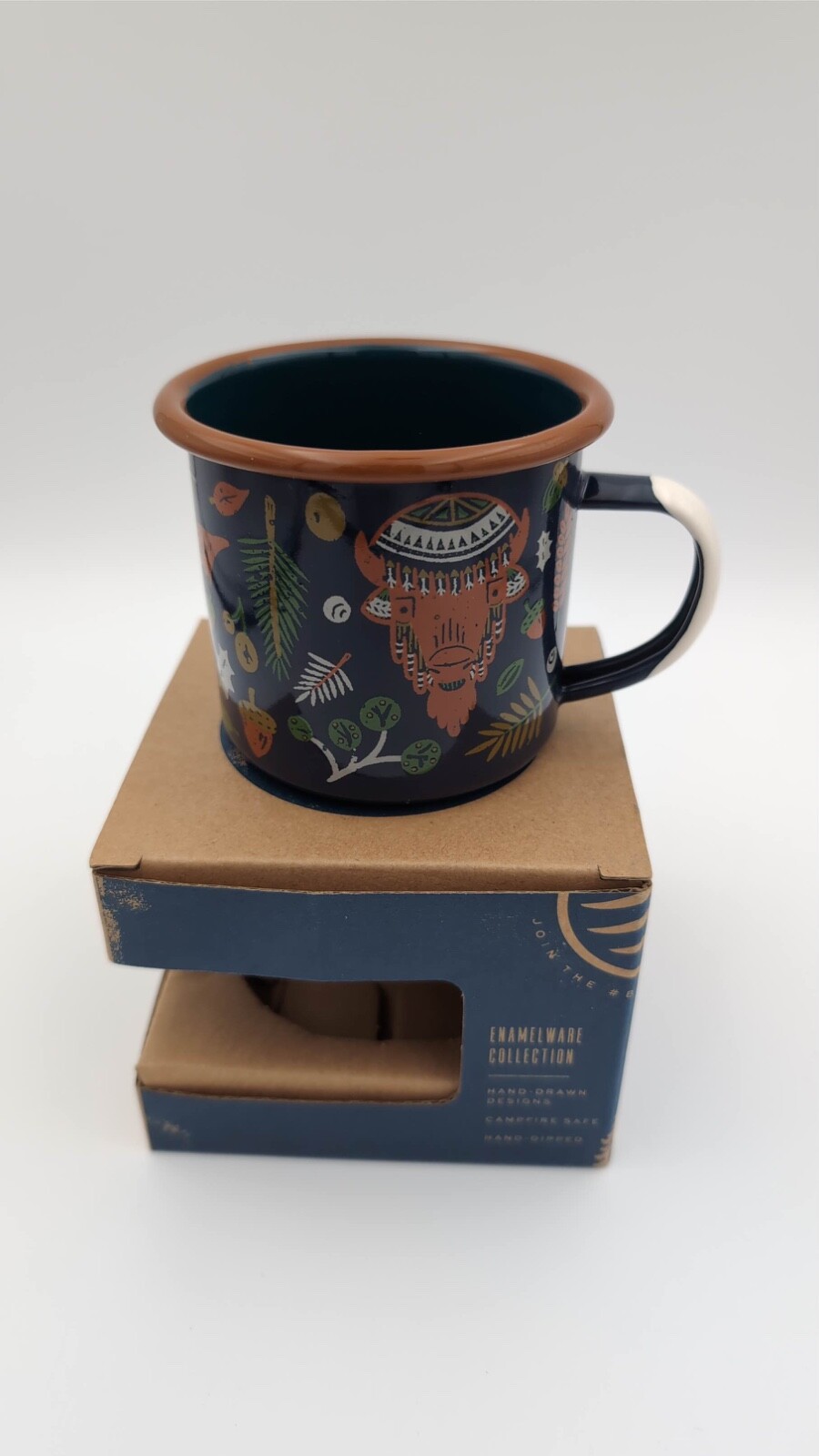 United by Blue Enamelware NEW 8 Oz Cup Campfire Folk Fauna Native American Blue