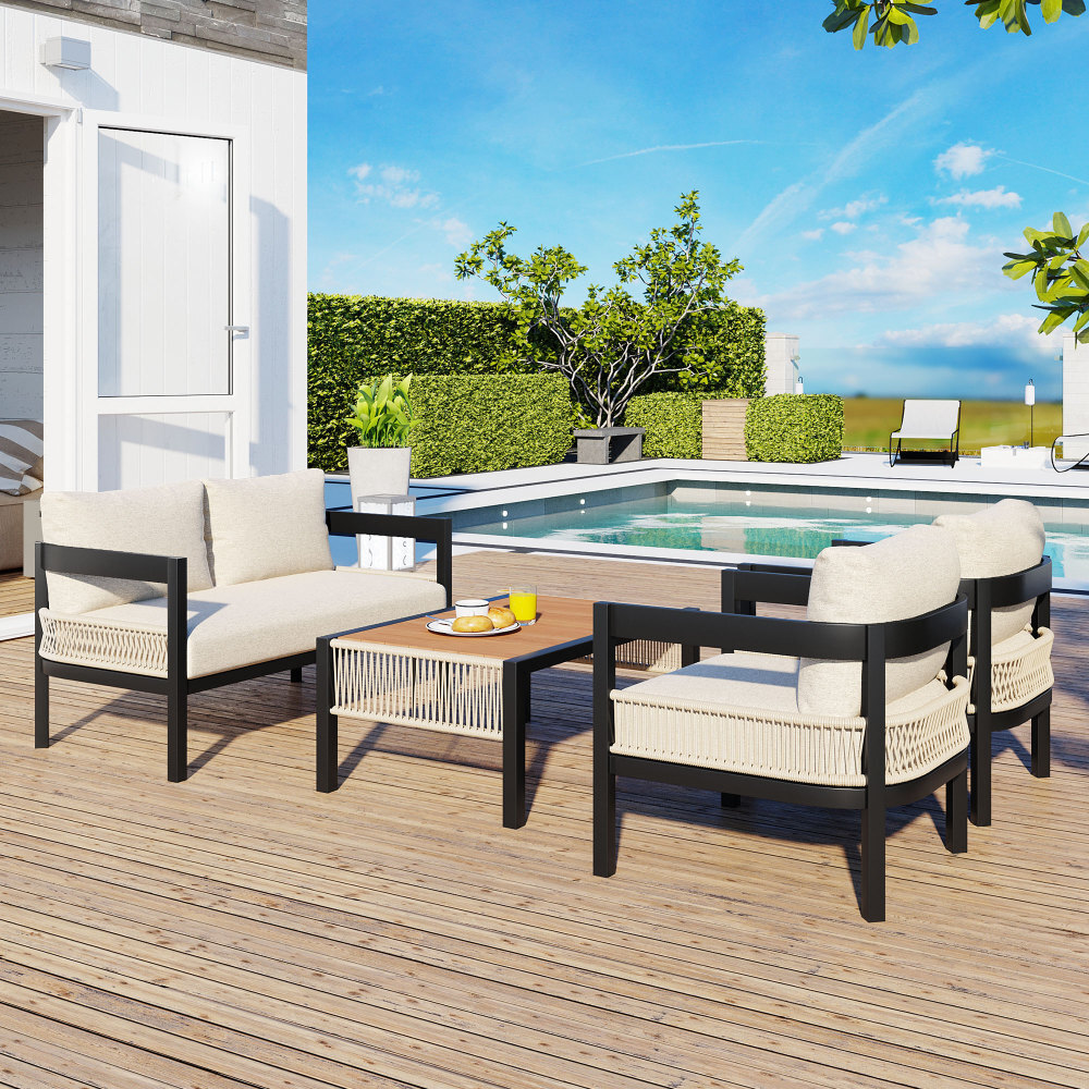 Multi-person Outdoor Iron Sofa Set with A Table, Rattan Decoration, Waterproof