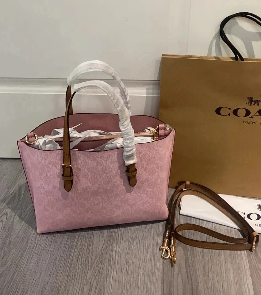 NWT Mollie Tote Bag 25 Signature Canvas With Charms CER24 Gold/Powder Pink