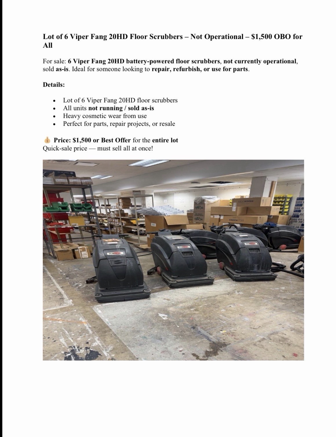 Lot of 6 Viper Fang 20HD Floor Scrubbers – Not Operational – $1,500 OBO for All