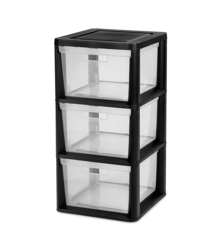 2 Pack 3 Drawer Storage Tower Plastic Organizer with Clear Bins Black
