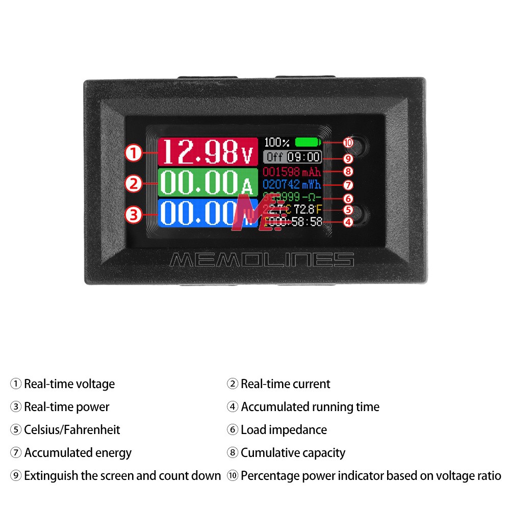9in1 Multimeter DC4-30V Power Tester Voltage Current Capacity Meter 10A 50A 100A