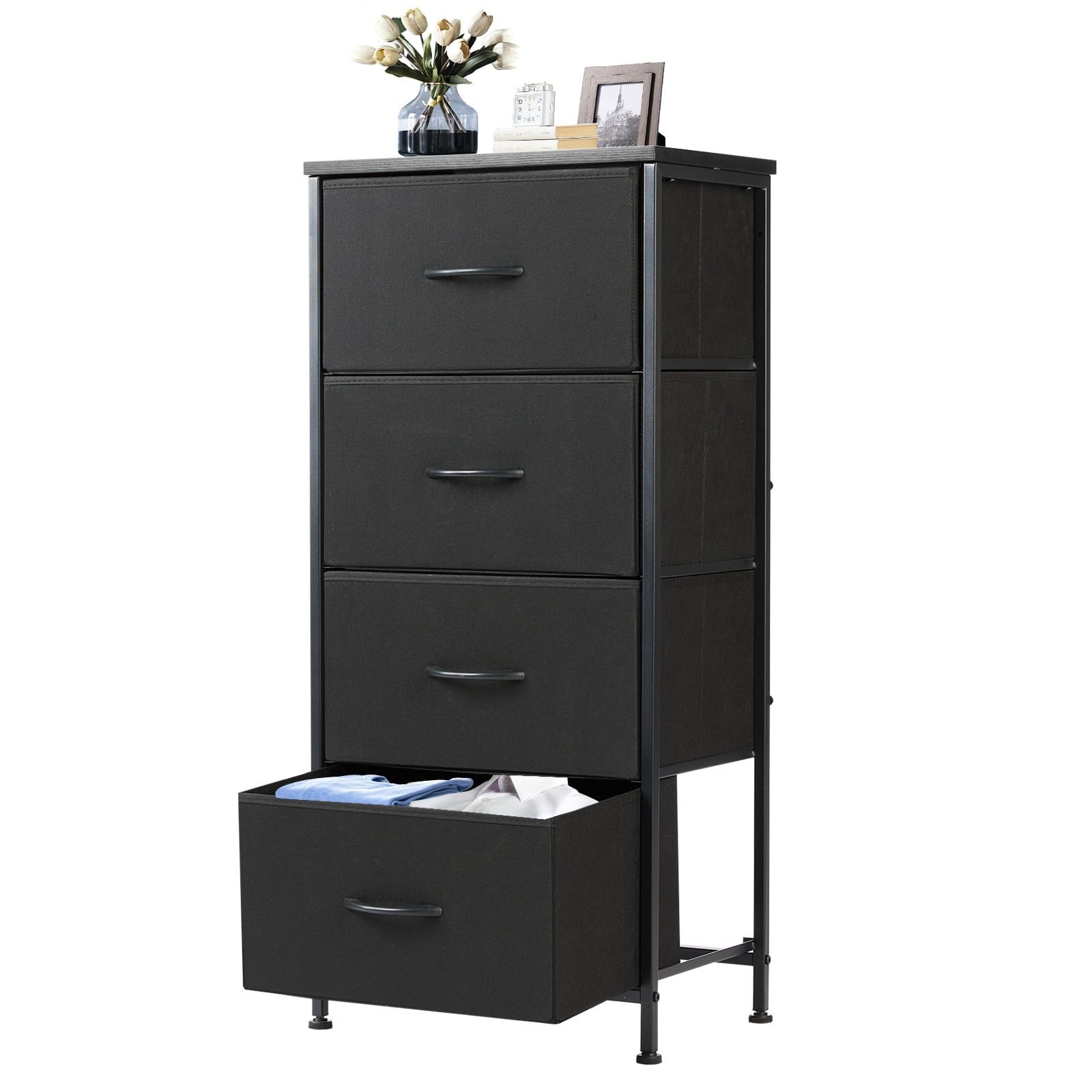 DUMOS 4-Drawer Nightstand with Removable Fabric Bins, Steel Frame Wood Top