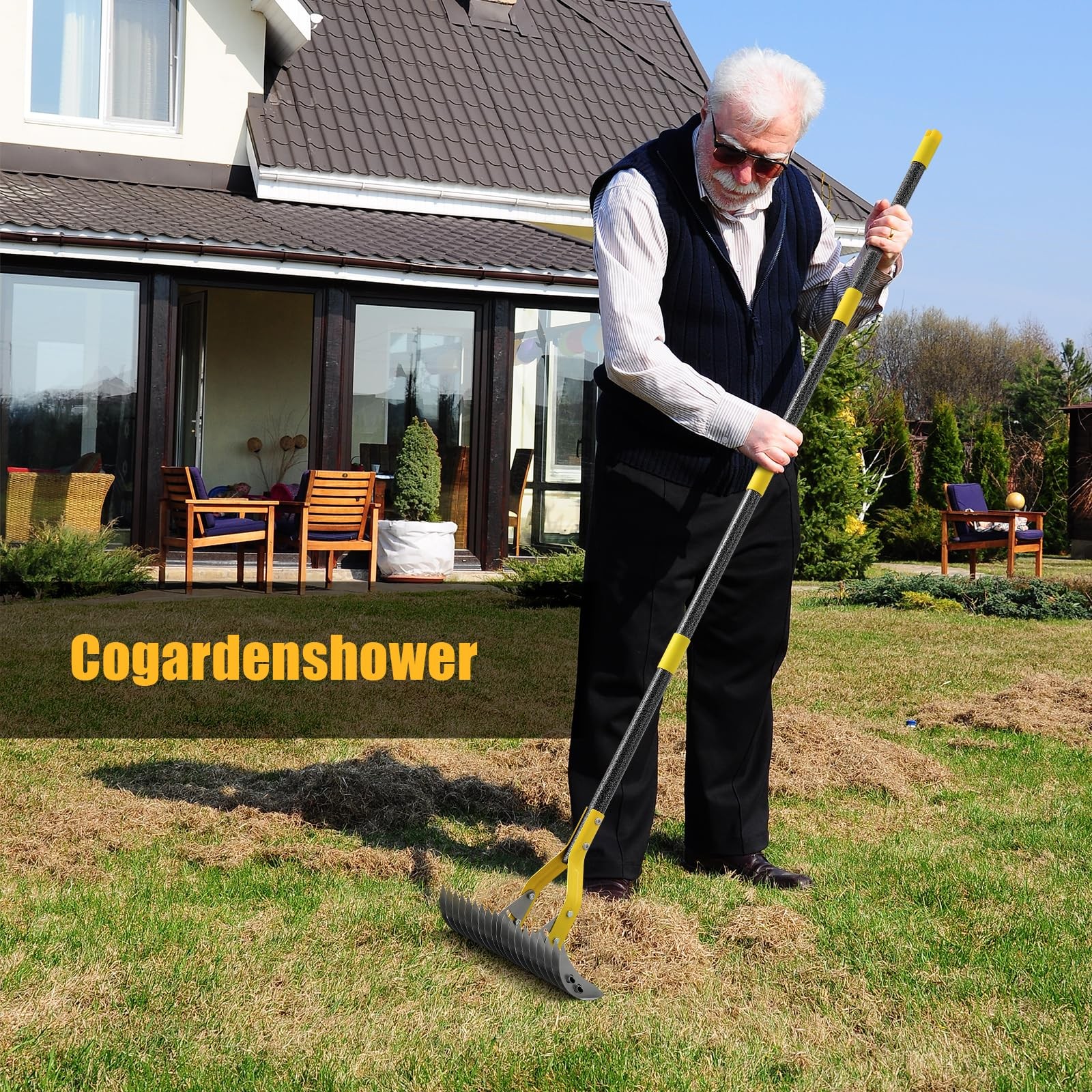 Dual-Action Thatch Rake for Lawn - Efficient 15" Thatching with Yellow