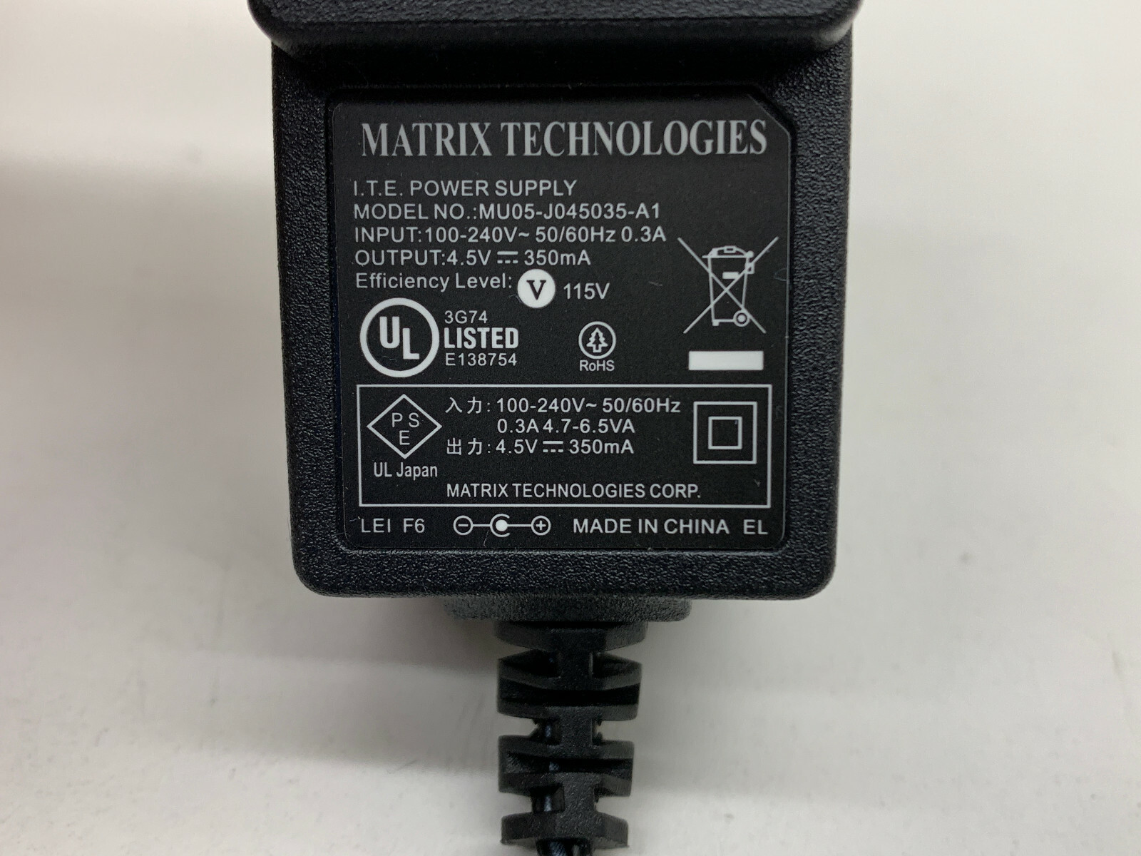 Matrix Technologies Pipette Power Supply Adapter Plug 4.5V DC 350mA
