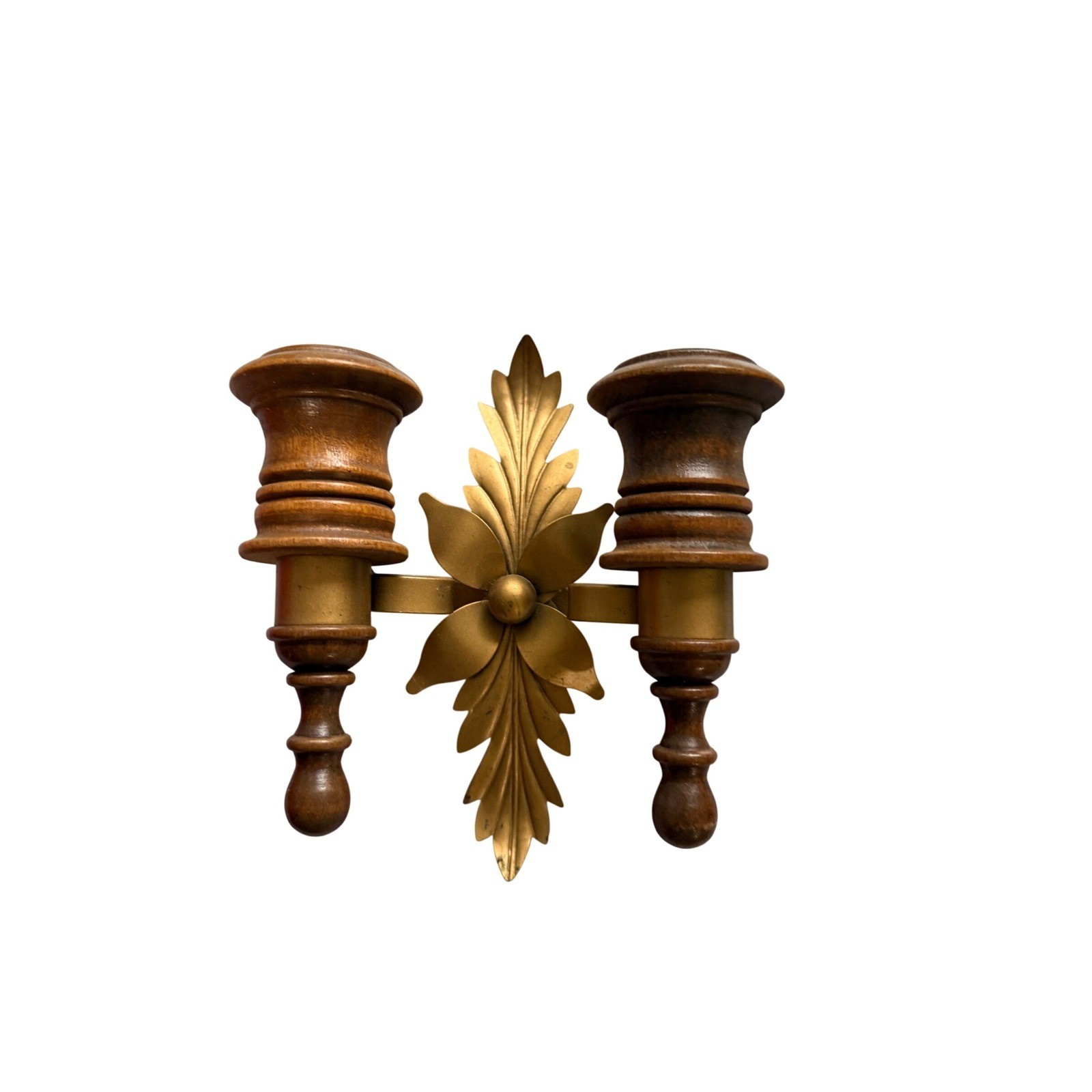 Vintage Wood and Gold Metal Wall Sconce Double Taper Candle Holder Floral Decor