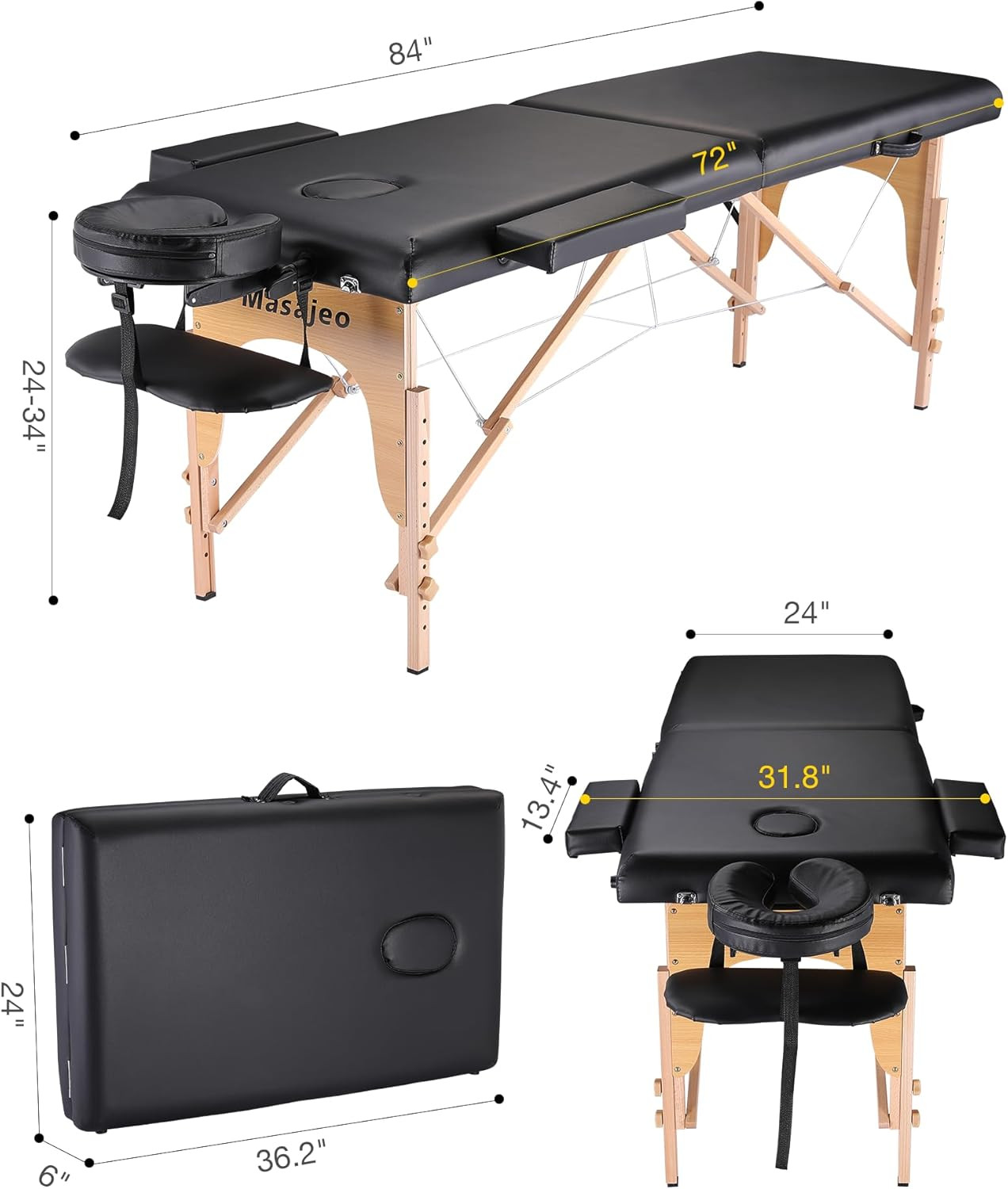 Professional Massage Table Portable Massage Bed, Black(2-Section) | Adjustable H