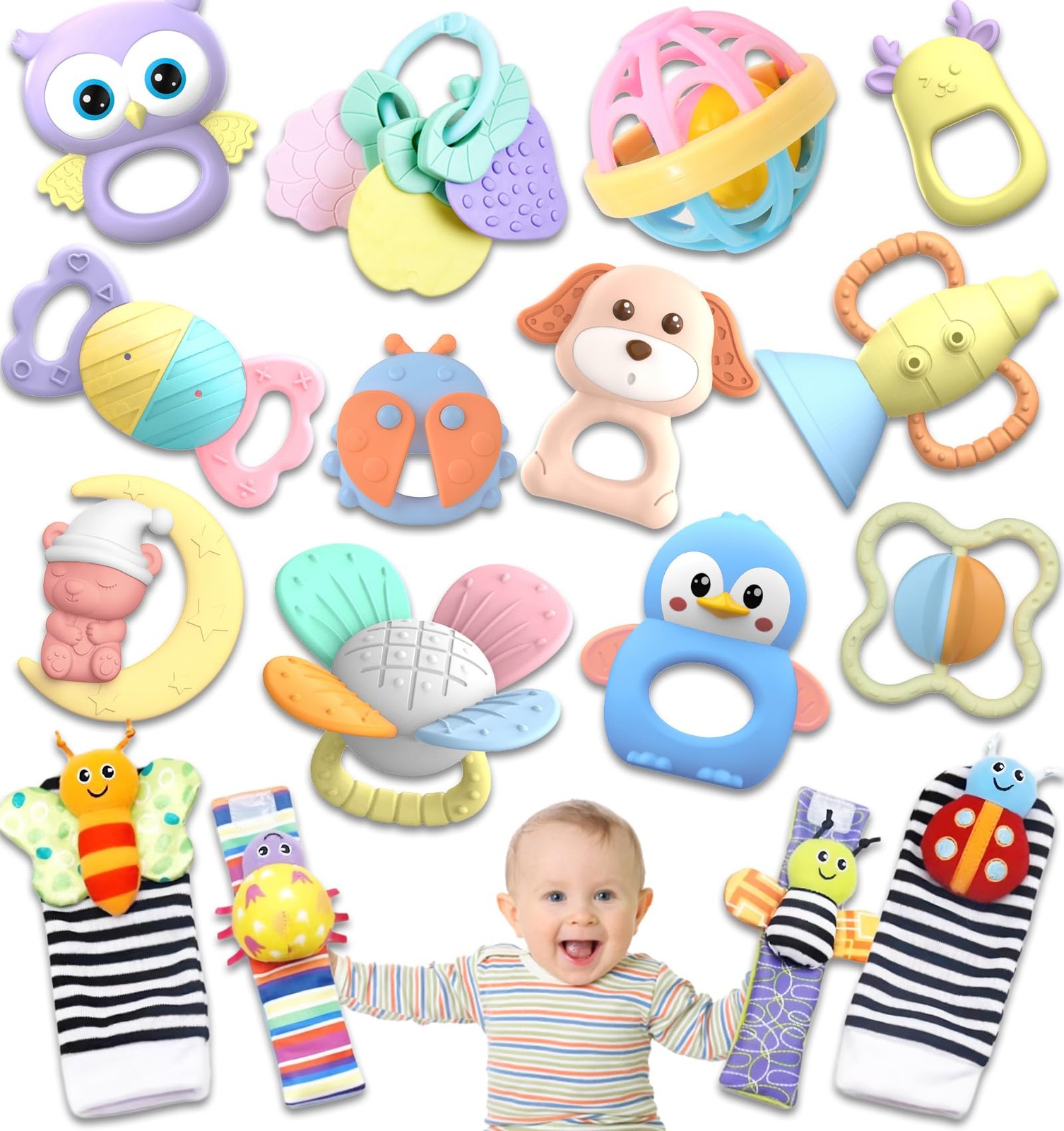 AZEN 16 Pack Baby Rattles Teething Toys 3-6 Months, 0-6 16p(Pink)