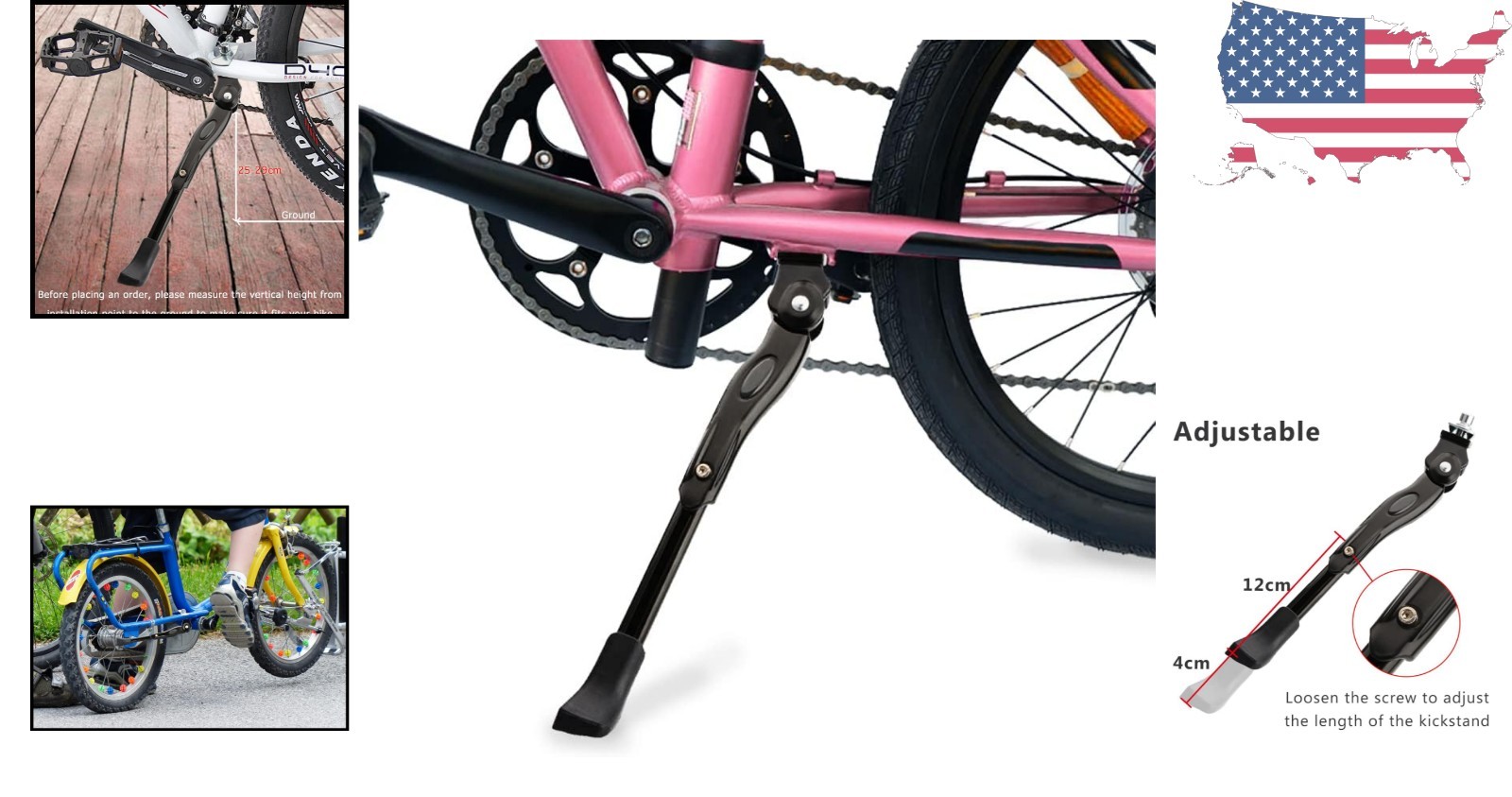 Universal Folding Bicycle Kickstand - Fits 12"-29" Bikes - Easy Installation