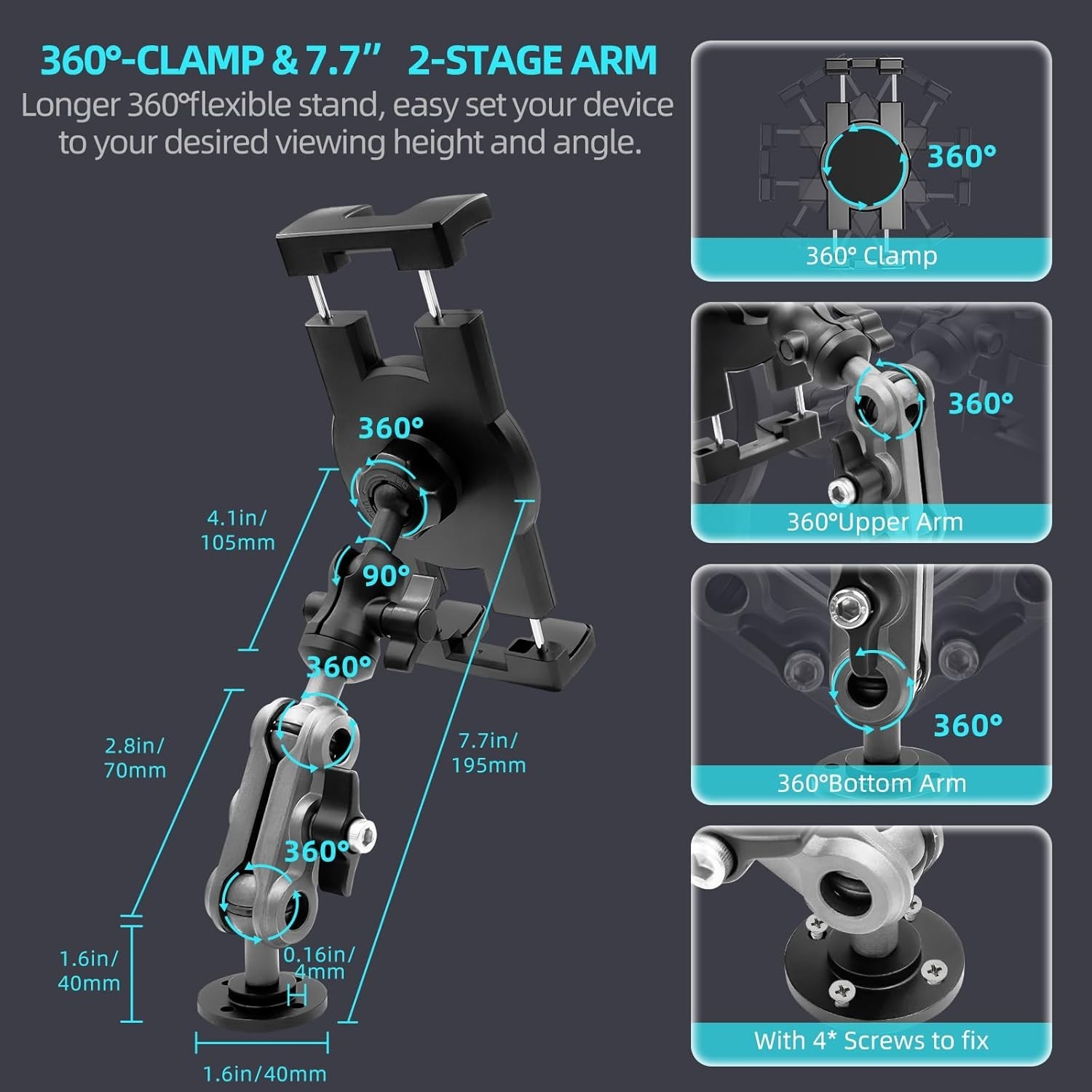 Aluminum Heavy Duty Drill Base Tablet Holder Car Mount Dashboard, 360° Adjust...