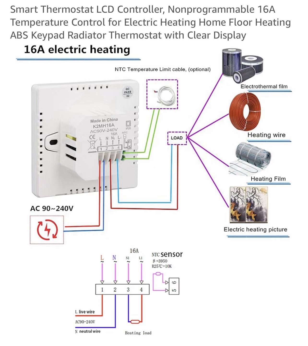 Smart Thermostat with LCD Display, 16A Keypad Temperature Controller for