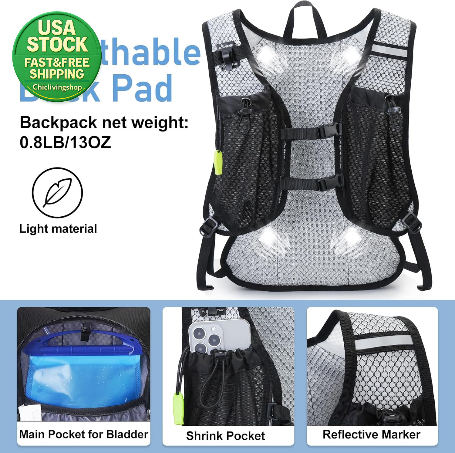 Lightweight Hydration Backpack 2L Water Bladder Cycling Hiking Daypack Black