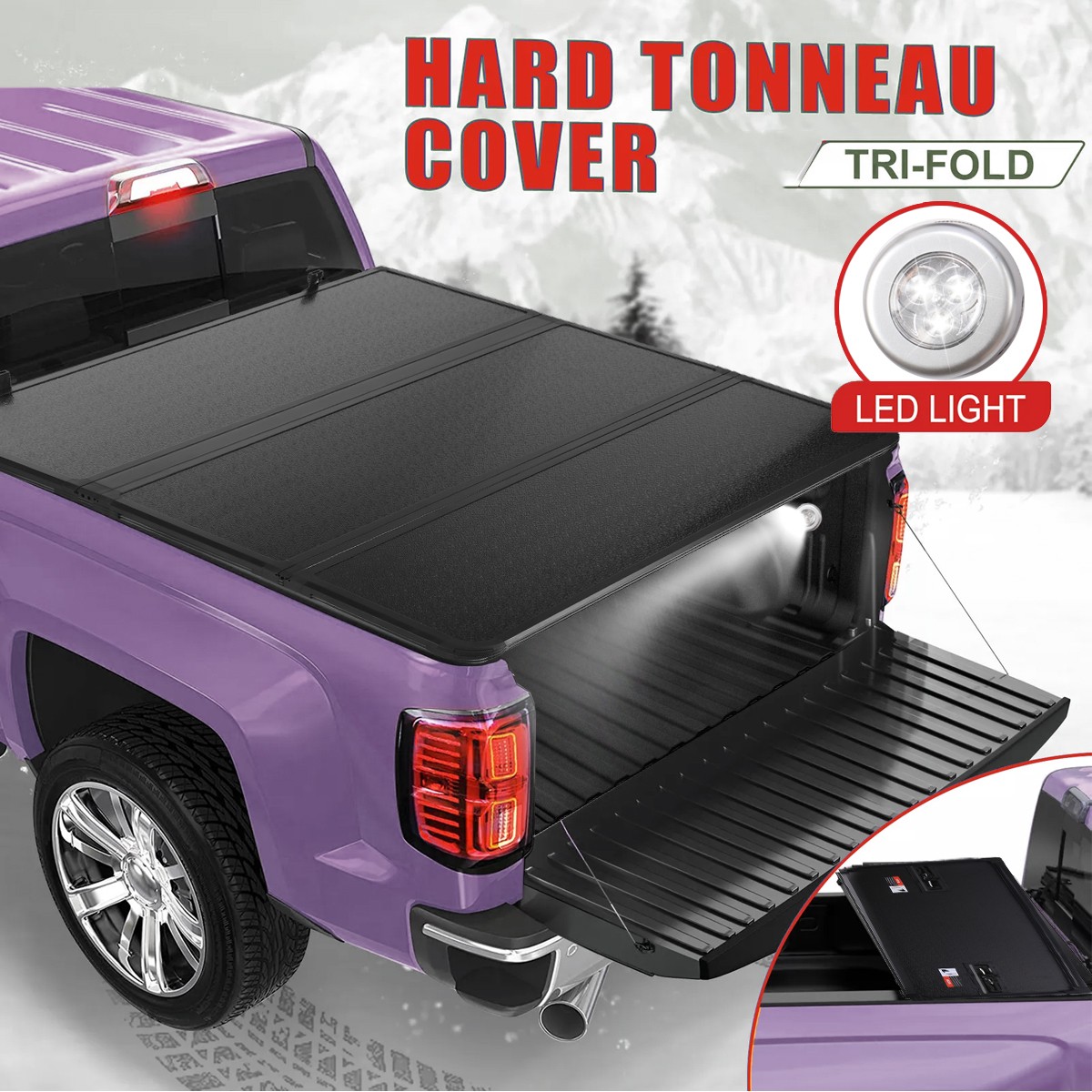 5FT Hard Fold 3Fold Truck Bed Tonneau Cover For 2016-2024 Toyota Tacoma W/Lamp