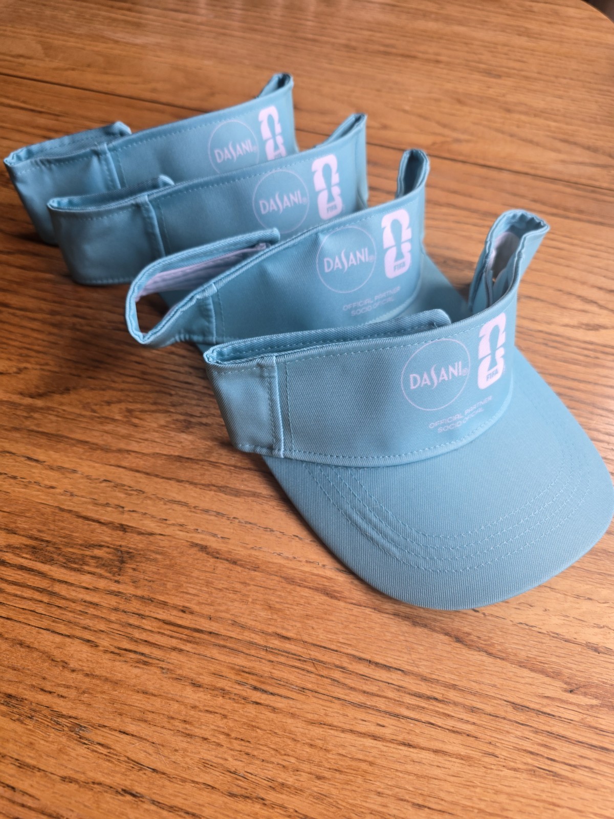 Two(2) Matching Adjustable Sun/golf Visors.  Dasani FIFA branded Blue/aqua