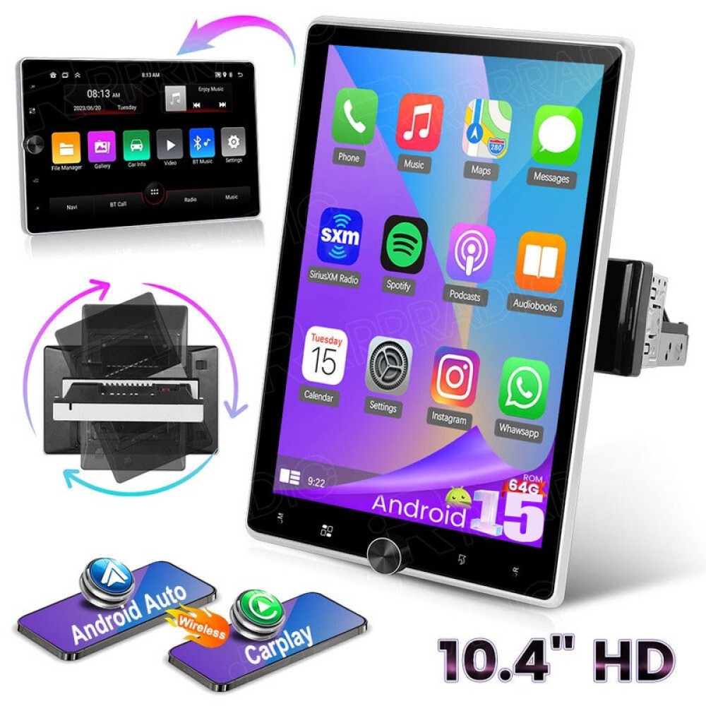 Single 1DIN Auto Rotatable Screen 10.4" Android 15 Car Stereo Radio GPS 2+64GB