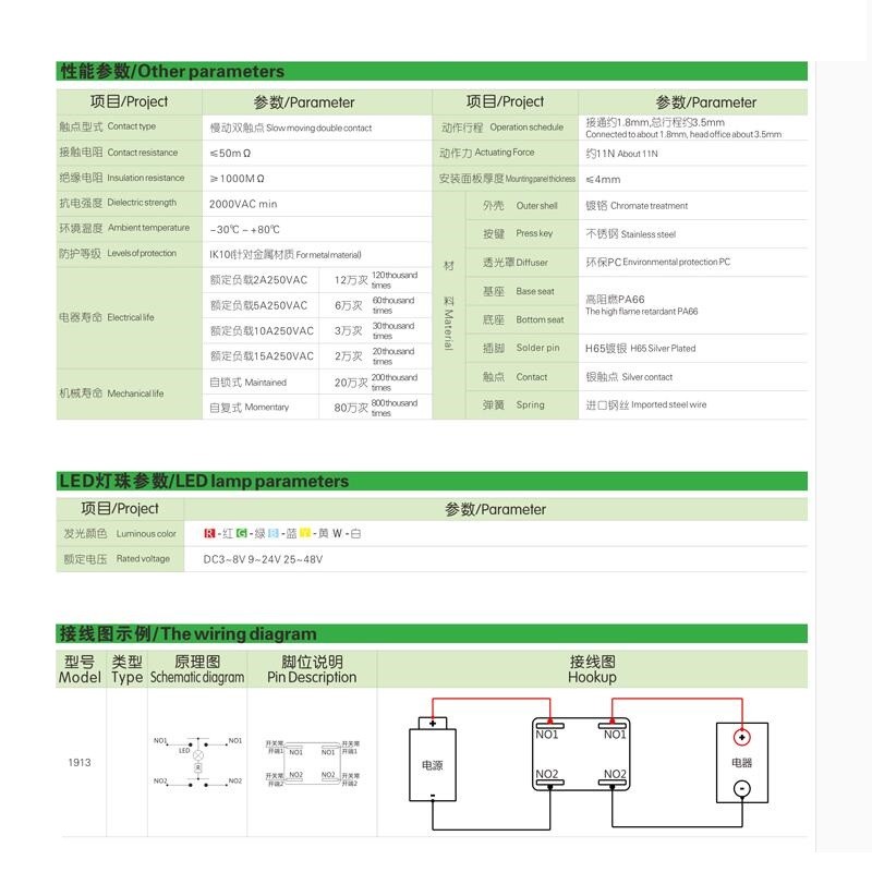 1Pcs 1913 Series 2NO Illuminated Waterproof Pushbutton with 15A High Current