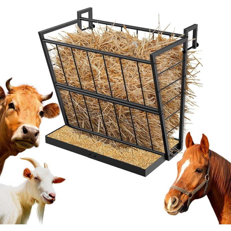 Wall Mount Hay Feeder, 2 in 1 Long Livestock Hay and Grain Rack, Easy Install