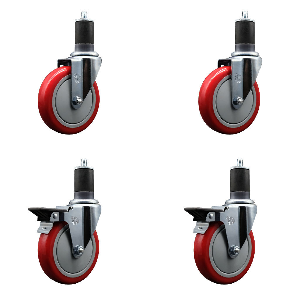 5 Inch Red Poly Wheel Swivel 1-5/8 Inch Expanding Stem Caster Set 2 Brakes SCC
