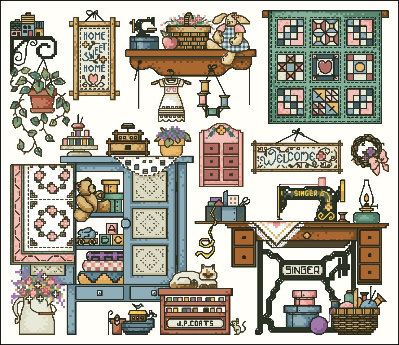 Cross Stitch Pattern Sewing Comfort Vintage Sewing Room Sampler