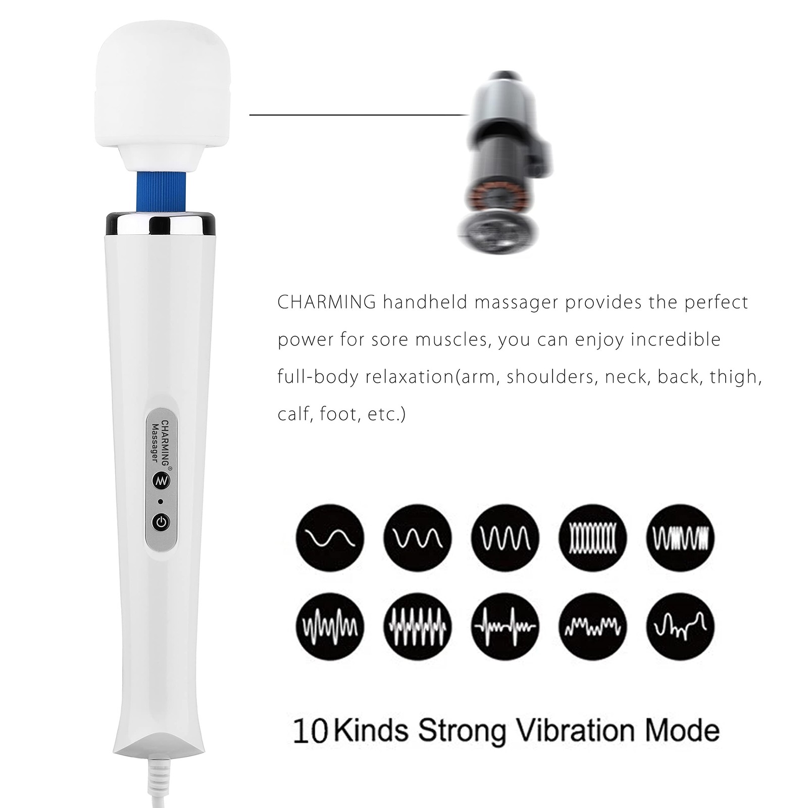 CHARMING 10 Speeds Wired Handheld Back Massager White