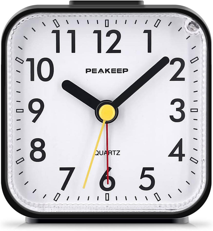 Peakeep Small Battery Operated Analog Travel Alarm Clock Silent No Ticking, Ligh