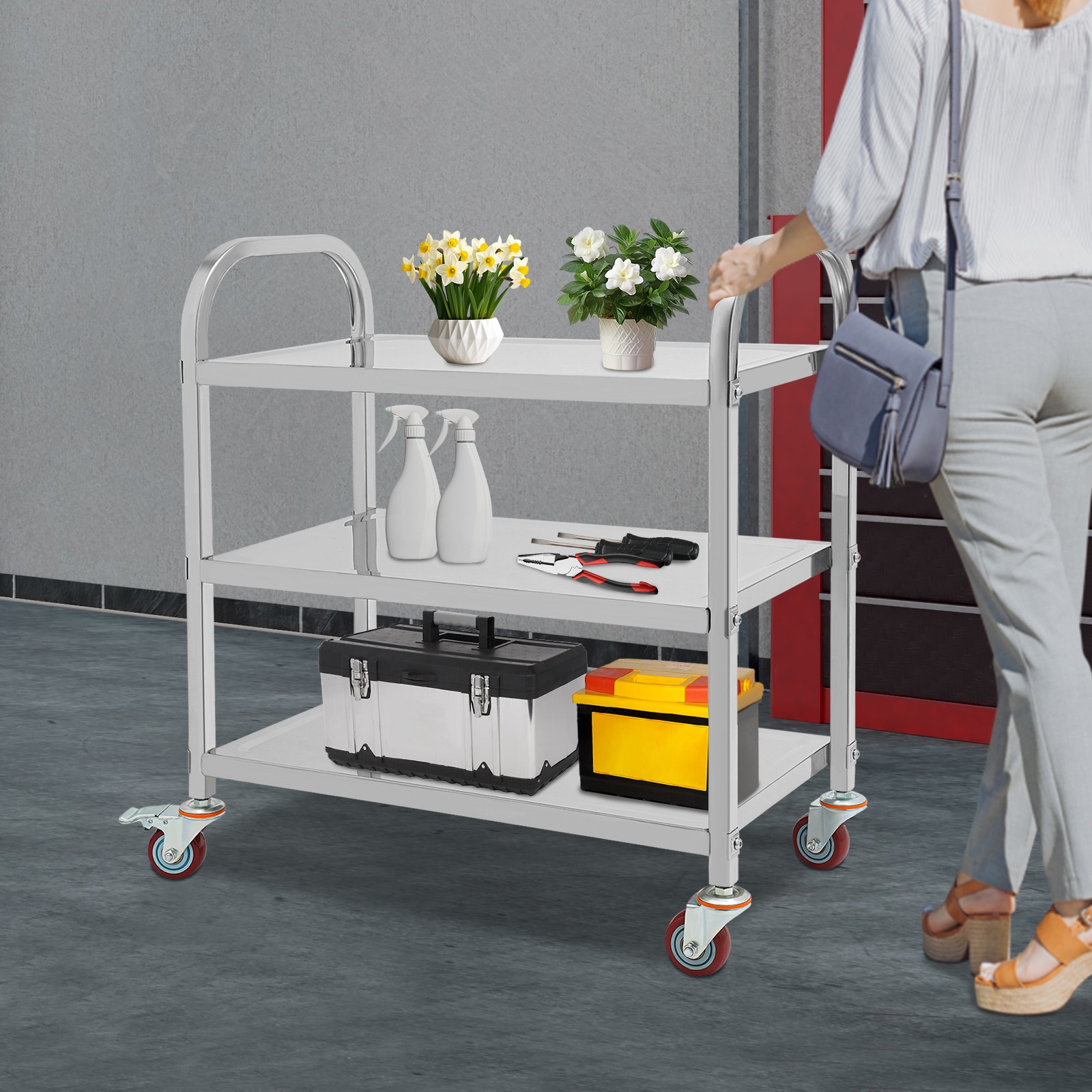 3 Tier Utility Stainless Steel Kitchen Trolley Cart Serving Storage Rolling Cart