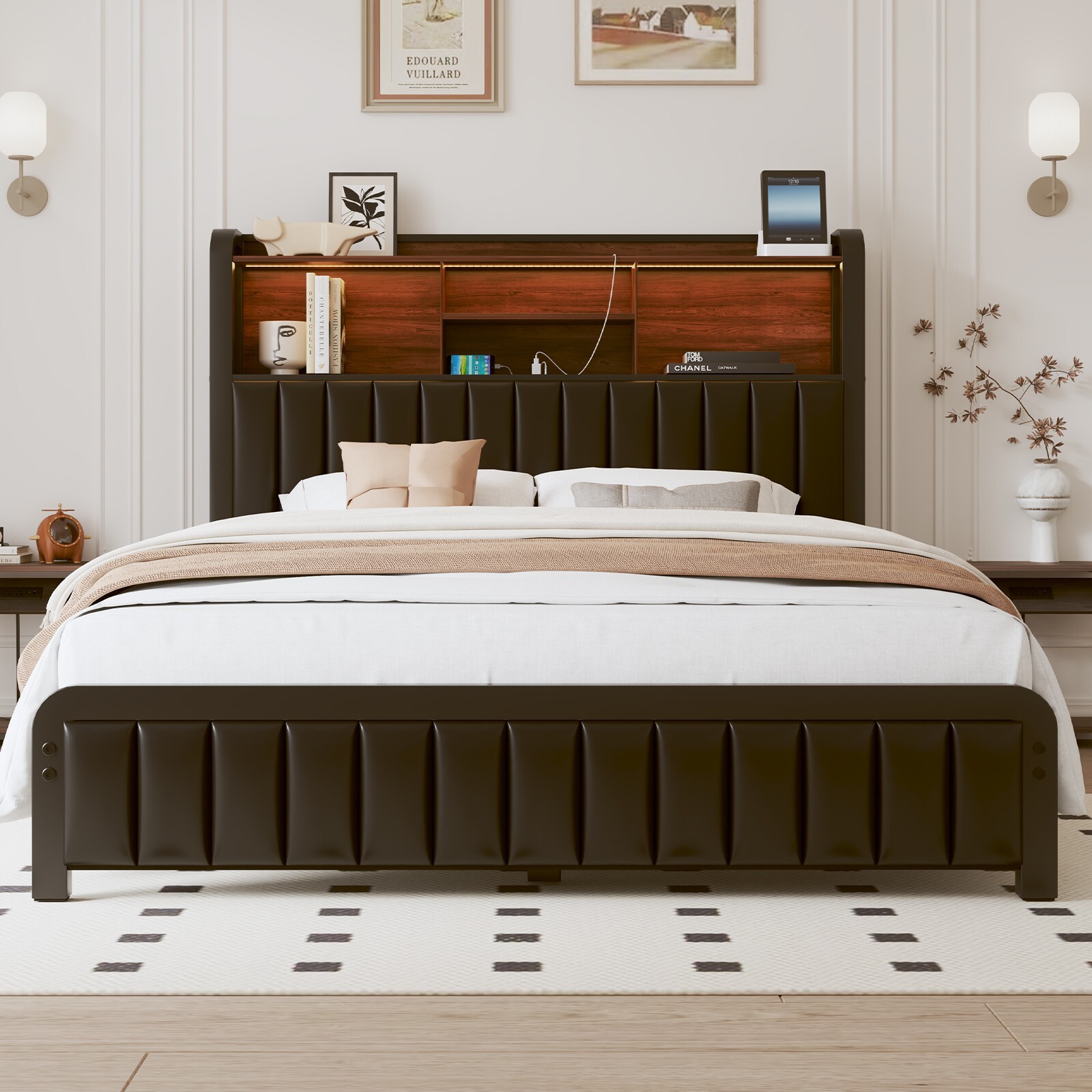 LED Bed Frame Full Queen with Storage PU Leather Headboard and Charging Station